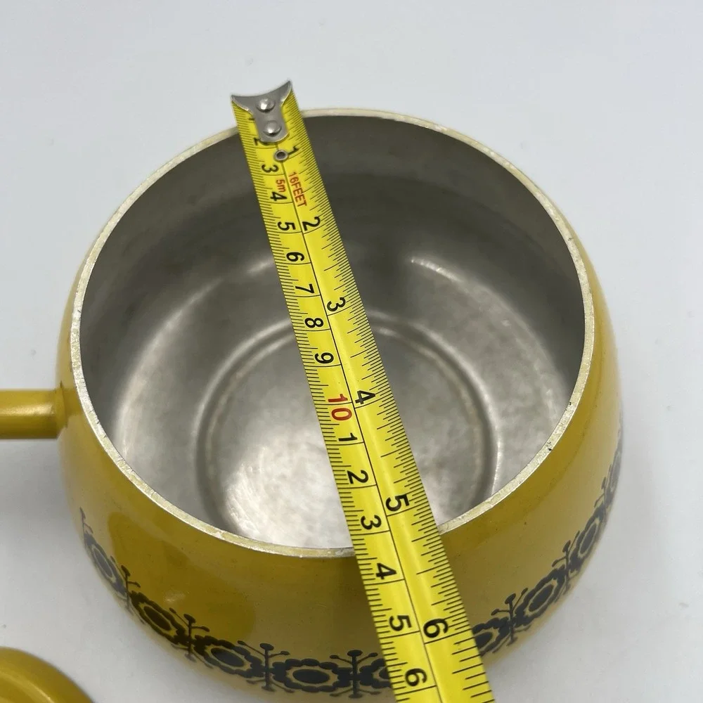 MCM Sauce Pan Pot Mustard Yellow Enamel Lid Wood‎ Handle Japan Vtg